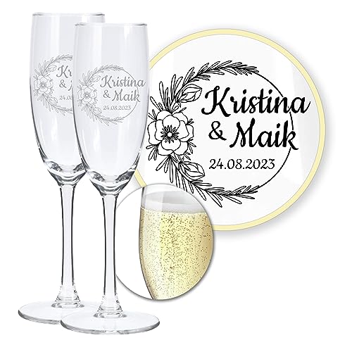 LALALO Hochzeit Sektgläser 2er Geschenk-Set mit Gravur: Brautpaar Präsent & Deko zum Hochzeitstag – Sektglas personalisiert als Hochzeitsgeschenk von LALALO