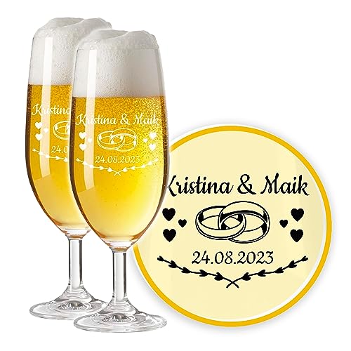 LALALO Leonardo Hochzeit Bierglas Geschenk-Set (2 St.) graviert, Biertulpe/Pilstulpe mit Gravur personalisiert als Hochzeitsgeschenk, Hochzeitstag, Standesamt (Herztanz) von LALALO
