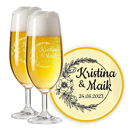 LALALO Leonardo Hochzeit Bierglas Geschenk-Set (2 St.) graviert, Biertulpe/Pilstulpe mit Gravur personalisiert als Hochzeitsgeschenk, Hochzeitstag, Standesamt (Rosenromantik) von LALALO