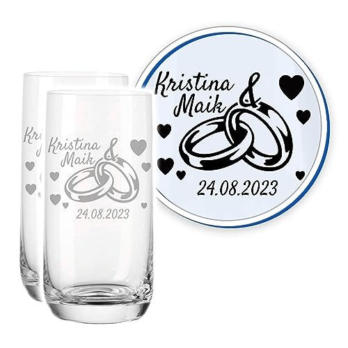 LALALO Leonardo Hochzeit Trinkglas Geschenk-Set (2 St.) graviert, Trinkgläser mit Gravur personalisiert als Hochzeitsgeschenk, Wasserglas/Longdrink-Glas zum Hochzeitstag (Ewigkeitsringe) von LALALO