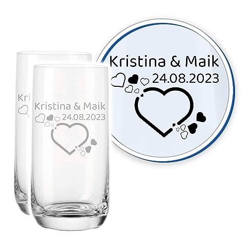 LALALO Leonardo Hochzeit Trinkglas Geschenk-Set (2 St.) graviert, Trinkgläser mit Gravur personalisiert als Hochzeitsgeschenk, Wasserglas/Longdrink-Glas zum Hochzeitstag (Herzenswunsch) von LALALO