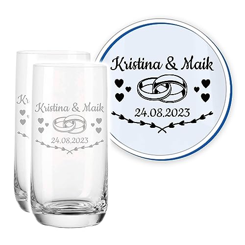 LALALO Leonardo Hochzeit Trinkglas Geschenk-Set (2 St.) graviert, Trinkgläser mit Gravur personalisiert als Hochzeitsgeschenk, Wasserglas/Longdrink-Glas zum Hochzeitstag (Herztanz) von LALALO