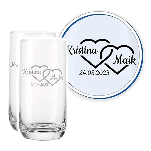LALALO Leonardo Hochzeit Trinkglas Geschenk-Set (2 St.) graviert, Trinkgläser mit Gravur personalisiert als Hochzeitsgeschenk, Wasserglas zum Hochzeitstag (Herzverschmelzung) von LALALO