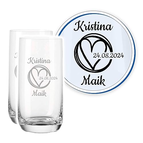 LALALO Leonardo Hochzeit Trinkglas Geschenk-Set (2 St.) graviert, Trinkgläser mit Gravur personalisiert als Hochzeitsgeschenk, Wasserglas/Longdrink-Glas zum Hochzeitstag (Kreisliebe) von LALALO