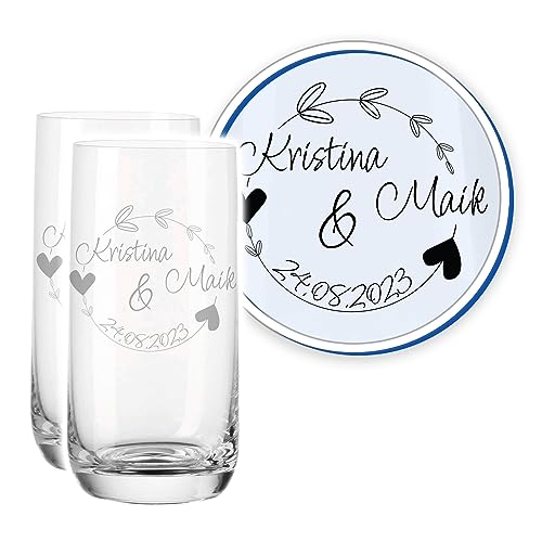 LALALO Leonardo Hochzeit Trinkglas Geschenk-Set (2 St.) graviert, Trinkgläser mit Gravur personalisiert als Hochzeitsgeschenk, Wasserglas/Longdrink-Glas zum Hochzeitstag (Kreisromantik) von LALALO