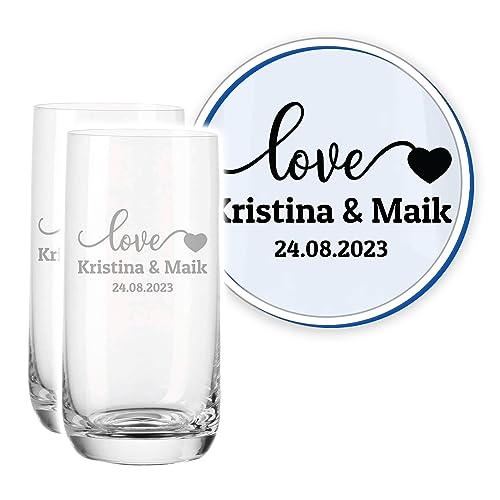 LALALO Leonardo Hochzeit Trinkglas Geschenk-Set (2 St.) graviert, Trinkgläser mit Gravur personalisiert als Hochzeitsgeschenk, Wasserglas/Longdrink-Glas zum Hochzeitstag (Loveheart) von LALALO