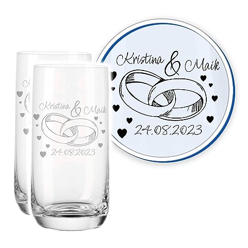LALALO Leonardo Hochzeit Trinkglas Geschenk-Set (2 St.) graviert, Trinkgläser mit Gravur personalisiert als Hochzeitsgeschenk, Wasserglas/Longdrink-Glas zum Hochzeitstag (Ringromance) von LALALO