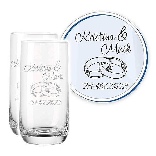 LALALO Leonardo Hochzeit Trinkglas Geschenk-Set (2 St.) graviert, Trinkgläser mit Gravur personalisiert als Hochzeitsgeschenk, Wasserglas/Longdrink-Glas zum Hochzeitstag (Ringtraum) von LALALO