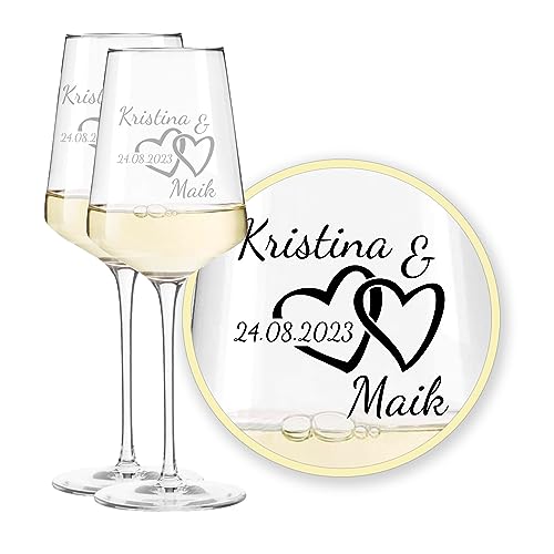 LALALO Leonardo Hochzeit Weingläser Geschenk-Set (2 St.) mit Gravur, Serie Puccini, Brautpaar Präsent zum Hochzeitstag – Weinglas personalisiert als Hochzeitsgeschenk von LALALO