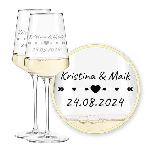 LALALO Leonardo Hochzeit Weingläser Geschenk-Set (2 St.) mit Gravur, Serie Puccini, Brautpaar Präsent zum Hochzeitstag – Weinglas personalisiert als Hochzeitsgeschenk von LALALO