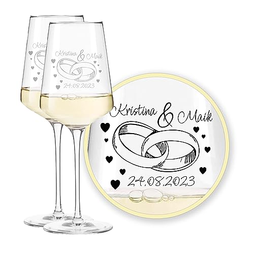 LALALO Leonardo Hochzeit Weingläser Geschenk-Set (2 St.) mit Gravur, Serie Puccini, Brautpaar Präsent zum Hochzeitstag – Weinglas personalisiert als Hochzeitsgeschenk von LALALO