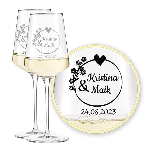 LALALO Leonardo Hochzeit Weingläser Geschenk-Set (2 St.) mit Gravur, Serie Puccini, Brautpaar Präsent zum Hochzeitstag – Weinglas personalisiert als Hochzeitsgeschenk von LALALO