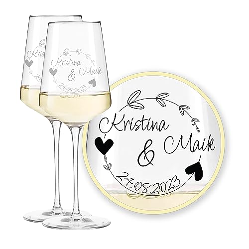 LALALO Leonardo Hochzeit Weingläser Geschenk-Set (2 St.) mit Gravur, Serie Puccini, Brautpaar Präsent zum Hochzeitstag – Weinglas personalisiert als Hochzeitsgeschenk von LALALO