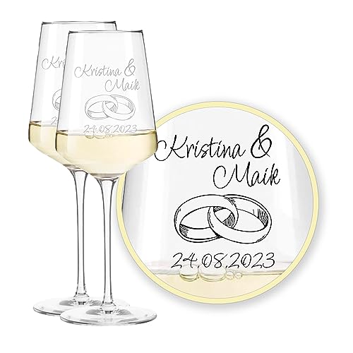 LALALO Leonardo Hochzeit Weingläser Geschenk-Set (2 St.) mit Gravur, Serie Puccini, Brautpaar Präsent zum Hochzeitstag – Weinglas personalisiert als Hochzeitsgeschenk von LALALO