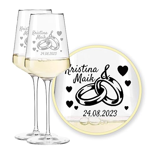 LALALO Leonardo Hochzeit Weingläser Geschenk-Set (2 St.) mit Gravur, Serie Puccini, Brautpaar Präsent zum Hochzeitstag – Weinglas personalisiert als Hochzeitsgeschenk von LALALO