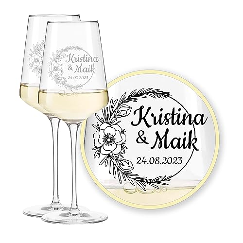 LALALO Leonardo Hochzeit Weingläser Geschenk-Set (2 St.) mit Gravur, Serie Puccini, Brautpaar Präsent zum Hochzeitstag – Weinglas personalisiert als Hochzeitsgeschenk von LALALO
