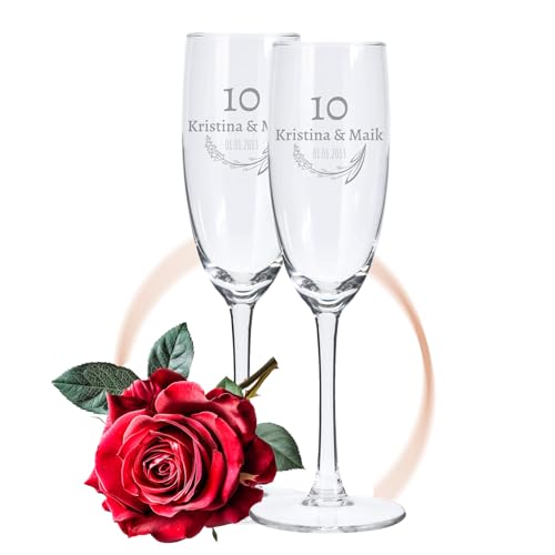LALALO Sektglas mit Gravur 10. Hochzeitstag (2 St.), Rosen-Hochzeit Sektgläser Geschenk personalisiert/graviert, Jahrestag (Sommerliebe) von LALALO