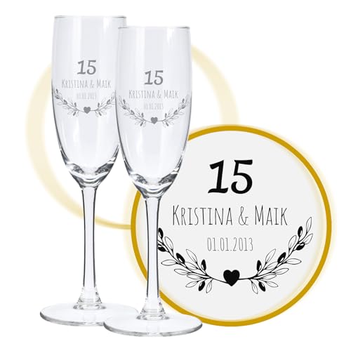 LALALO Sektglas mit Gravur 15. Hochzeitstag (2 St.), Kristall-Hochzeit Sektgläser Geschenk personalisiert/graviert, Jahrestag (Herzverzaubert) von LALALO