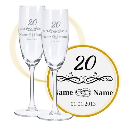 LALALO Sektglas mit Gravur 20. Hochzeitstag (2 St.), Porzellan-Hochzeit Sektgläser Geschenk personalisiert/graviert, Jahrestag (Blumenherz) von LALALO