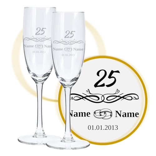 LALALO Sektglas mit Gravur 25. Hochzeitstag (2 St.), Silberne Hochzeit, Silberhochzeit Sektgläser Geschenk personalisiert/graviert, Jahrestag (Blütenträume) von LALALO