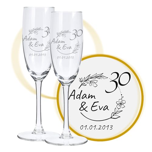 LALALO Sektglas mit Gravur 30. Hochzeitstag (2 St.), Perlen-Hochzeit Sektgläser Geschenk personalisiert/graviert, Jahrestag (Blütenträume) von LALALO