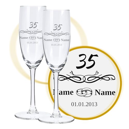 LALALO Sektglas mit Gravur 35. Hochzeitstag (2 St.), Leinwand-Hochzeit, Korallenhochzeit Sektgläser Geschenk personalisiert/graviert, Jahrestag (Herzfunken) von LALALO