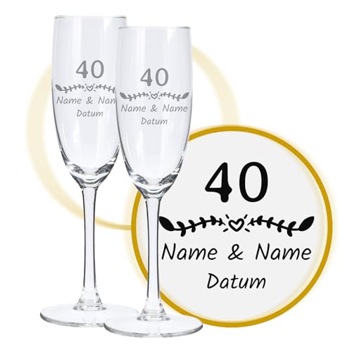 LALALO Sektglas mit Gravur 40. Hochzeitstag (2 St.), Rubin-Hochzeit/Smaragd-Hochzeit Sektgläser Geschenk personalisiert/graviert, Jahrestag (Herzverzaubert) von LALALO