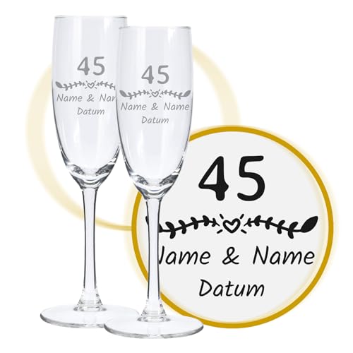 LALALO Sektglas mit Gravur 45. Hochzeitstag (2 St.), Messinghochzeit Sektgläser Geschenk personalisiert/graviert, Jahrestag (Blütenträume) von LALALO