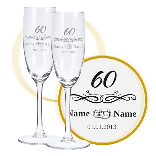 LALALO Sektglas mit Gravur 60. Hochzeitstag (2 St.), Diamantene Hochzeit Sektgläser Geschenk personalisiert/graviert, Jahrestag (Blütenträume) von LALALO