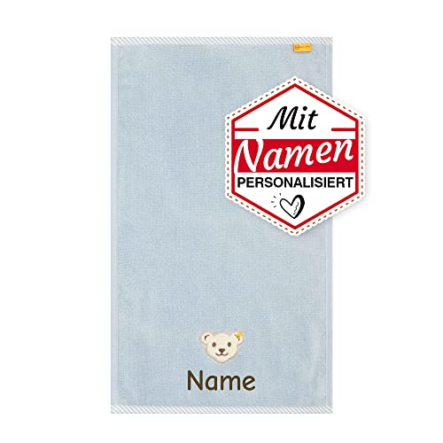 LALALO Steiff Kinderhandtuch mit Namen personalisiert/Bestickt, Kinder Baby Handtuch besticken Lassen (30x50 cm, Blau) von LALALO