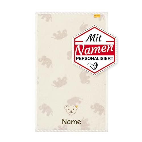 LALALO Steiff Kinderhandtuch mit Namen personalisiert/Bestickt, Kinder Baby Handtuch besticken Lassen (30x50 cm, Beige/Elefant) von LALALO