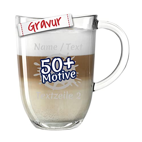 LEONARDO Glas-Tasse mit Gravur personalisiert/Namen +Motiv, Latte-Macchiato & Tee graviert, Kaffeebecher Geschenk zum Geburtstag, Jahrestag für Frauen Männer/Mama Papa (Napoli, 380 ml) von LALALO