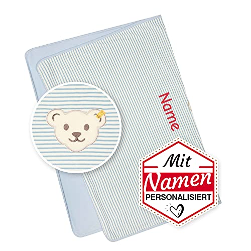 Steiff Babydecke mit Namen personalisiert/Bestickt, Individuelle Kuscheldecke/Krabbeldecke, Personalisierte Baby Decke mit Name als Geschenk zur Geburt, Geburtstag & Taufe (Blau gestreift, Nicky) von LALALO