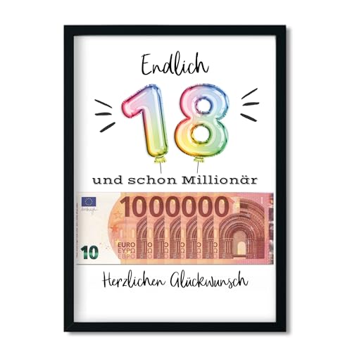 LALELU-Prints Geburtstagsgeschenk 18. Geburtstag Geldgeschenk Erste Million lustige Geschenkidee Geburtstagskarte Geburtstagsposter OHNE RAHMEN (Ballons Bunt1) von LALELU-Prints