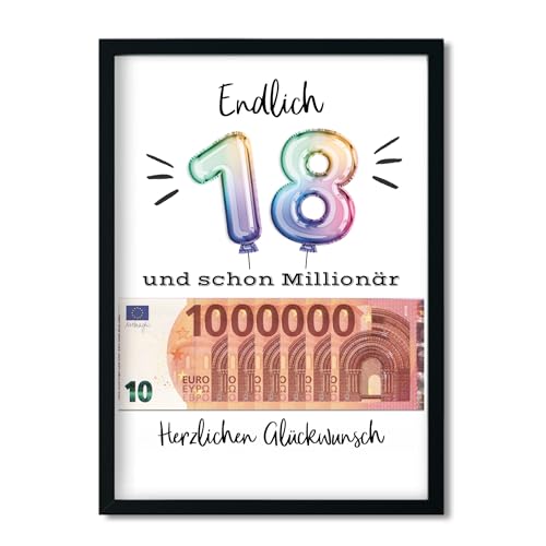 LALELU-Prints OHNE RAHMEN Geburtstagsgeschenk 18. Geburtstag Geldgeschenk Erste Million lustige Geschenkidee Geburtstagskarte Geburtstagsposter (Ballons Bunt2) von LALELU-Prints