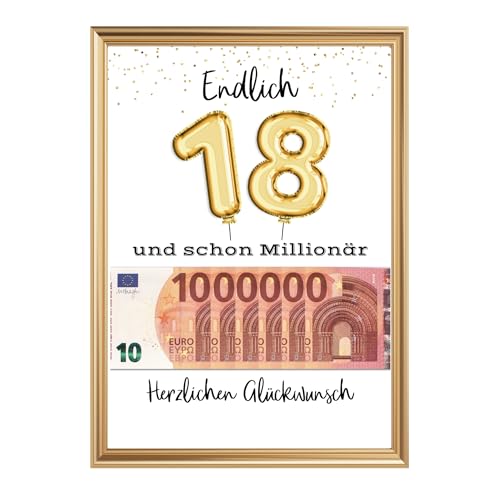 LALELU-Prints Geburtstagsgeschenk 18. Geburtstag Geldgeschenk Erste Million lustige Geschenkidee Geburtstagskarte Geburtstagsposter OHNE RAHMEN (Ballons Gold) von LALELU-Prints