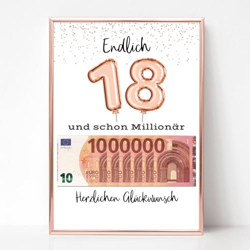 LALELU-Prints Geburtstagsgeschenk 18. Geburtstag Geldgeschenk Erste Million lustige Geschenkidee Geburtstagskarte Geburtstagsposter OHNE RAHMEN (Ballons Roségold) von LALELU-Prints