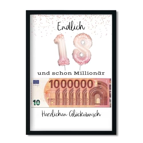 LALELU-Prints Geburtstagsgeschenk 18. Geburtstag Geldgeschenk Erste Million lustige Geschenkidee Geburtstagskarte Geburtstagsposter OHNE RAHMEN (Ballons rosa Glitzer) von LALELU-Prints