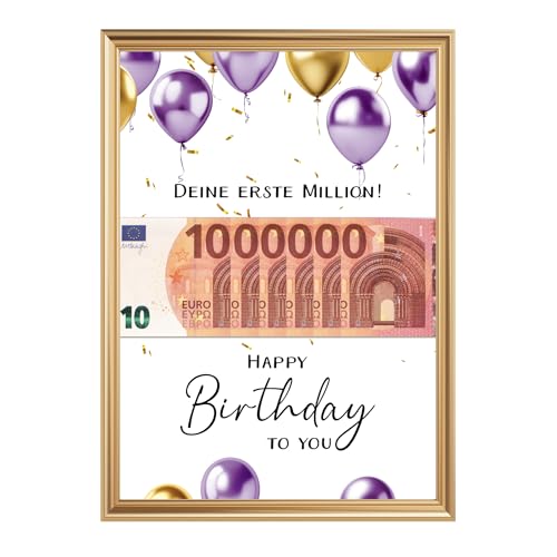 LALELU-Prints OHNE RAHMEN Geburtstagsgeschenk für Frauen und Männer Geldgeschenk Geburtstag Erste Million Geschenkidee Geld Verpackung Geburtstagsposter (Ballons violett gold) von LALELU-Prints