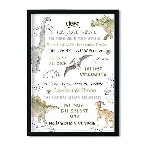 LALELU-Prints Geschenk Einschulung personalisiert I Affirmationsposter Poster Kinderzimmer I Schulanfang Schuleinführung Schulstart Schulkind I OHNE RAHMEN - Junge Mädchen (Dinosaurier) von LALELU-Prints