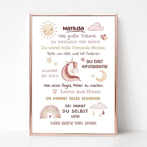 LALELU-Prints Geschenk Einschulung personalisiert I Affirmationsposter Poster Kinderzimmer I Schulanfang Schuleinführung Schulstart Schulkind I OHNE RAHMEN - Junge Mädchen (Einhorn) von LALELU-Prints