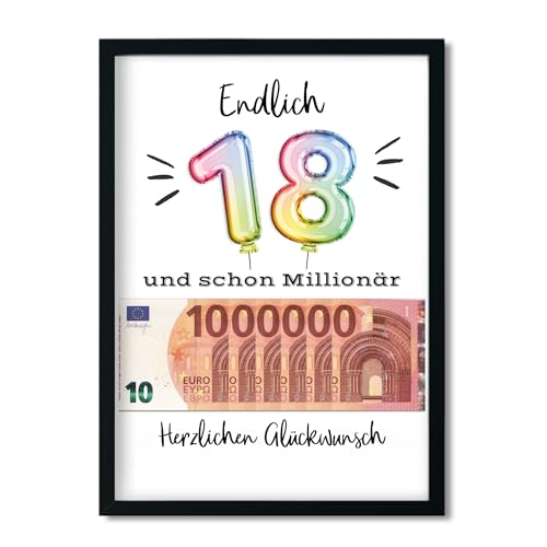 LALELU-Prints OHNE RAHMEN Geburtstagsgeschenk 18. Geburtstag Geldgeschenk Erste Million lustige Geschenkidee Geburtstagskarte Geburtstagsposter (Ballons Bunt1) von LALELU-Prints