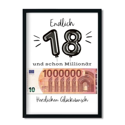 LALELU-Prints OHNE RAHMEN Geburtstagsgeschenk 18. Geburtstag Geldgeschenk Erste Million lustige Geschenkidee Geburtstagskarte Geburtstagsposter (Ballons Schwarz) von LALELU-Prints
