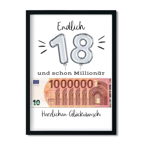 LALELU-Prints OHNE RAHMEN Geburtstagsgeschenk 18. Geburtstag Geldgeschenk Erste Million lustige Geschenkidee Geburtstagskarte Geburtstagsposter (Ballons silber) von LALELU-Prints