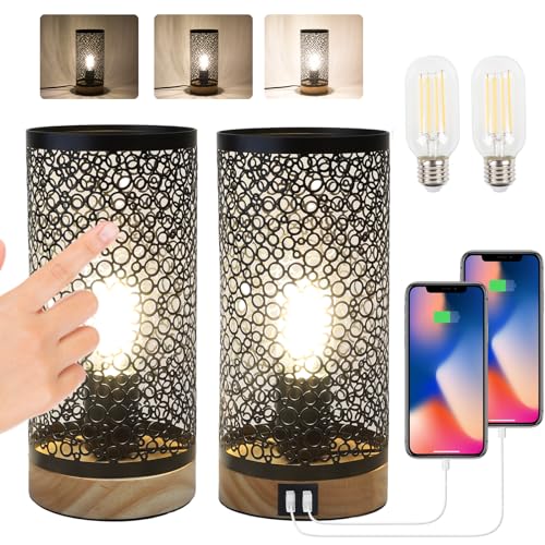 LALISU Nachttischlampe Touch Dimmbar 2er Set, Tischlampe mit Ladefunktion 2 USB Steckdosen 2 LED Birnen, Vintage Lampenschirm Kleine Lampe für Schlafzimmer Wohnzimmer Babyzimmer Büro (Schwarz) von LALISU