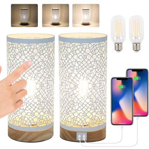 LALISU Nachttischlampe Touch Dimmbar 2er Set, Tischlampe mit Ladefunktion 2 USB Steckdosen 2 LED Birnen, Vintage Lampenschirm Kleine Lampe für Schlafzimmer Wohnzimmer Babyzimmer Büro (Weiß) von LALISU