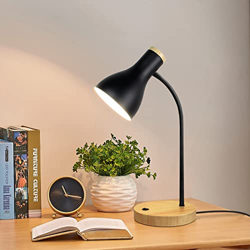 LALISU Tischlampe Basic LED Leselampe im Klassichen Holz-Design, Schreibtischlampe Augenschutz Tageslichtlampe, Verstellbarem Arm (Schwarz) von LALISU