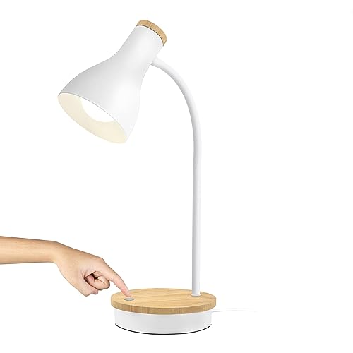 LALISU Tischlampe Basic LED Leselampe im Klassichen Holz-Design, Schreibtischlampe Augenschutz Tageslichtlampe, Verstellbarem Arm (Weiß-T01) von LALISU