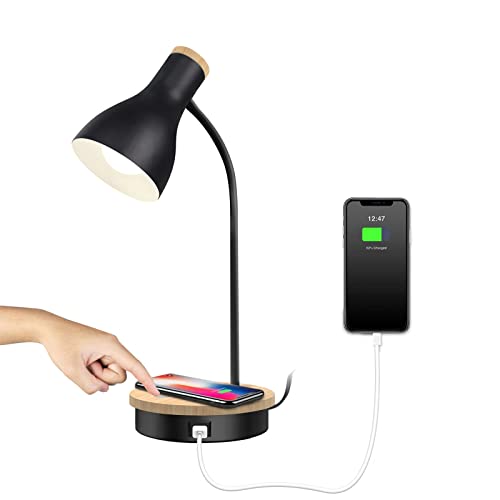 Schreibtischlampe LED mit 9W Wireless Tischleuchte Dimmbar Tischleuchte Verstellbare, Nachttischlampe USB Ladeanschluss für Aufladung des Smartphones Tischlampe (Schwarz) von LALISU