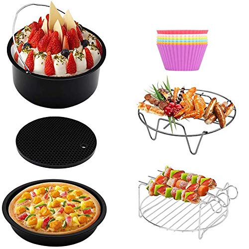 5 Stücke Universal Heißluftfritteuse Zubehör für Philips Princess und Tristar - Passen 3L und oben - Backform, Pizza Pan, Grillrost mit 3 Spießen, Metall Halter, Silikonmatte von LAM4U